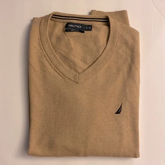 NAUTICA NAVTECH men’s Ribbed V-neck long sleeve tan sweater cotton blend XXL 🌞 - Picture 2 of 12
